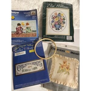 Destash Needle Craft Cross Stitch Lot Opened Packages Hoop Floss Patterns Box B